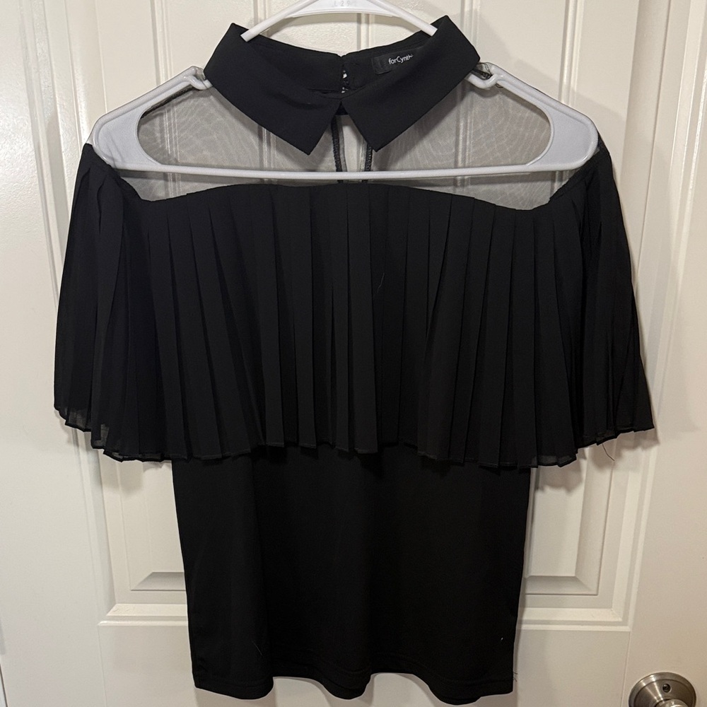 For Cynthia Black Pleated Off-Shoulder Blouse